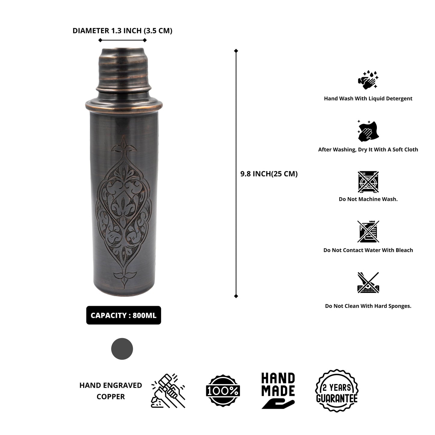 Handcrafted Engraved Copper Water Bottle, Copper Water Bottle, Waterproof Water Bottle