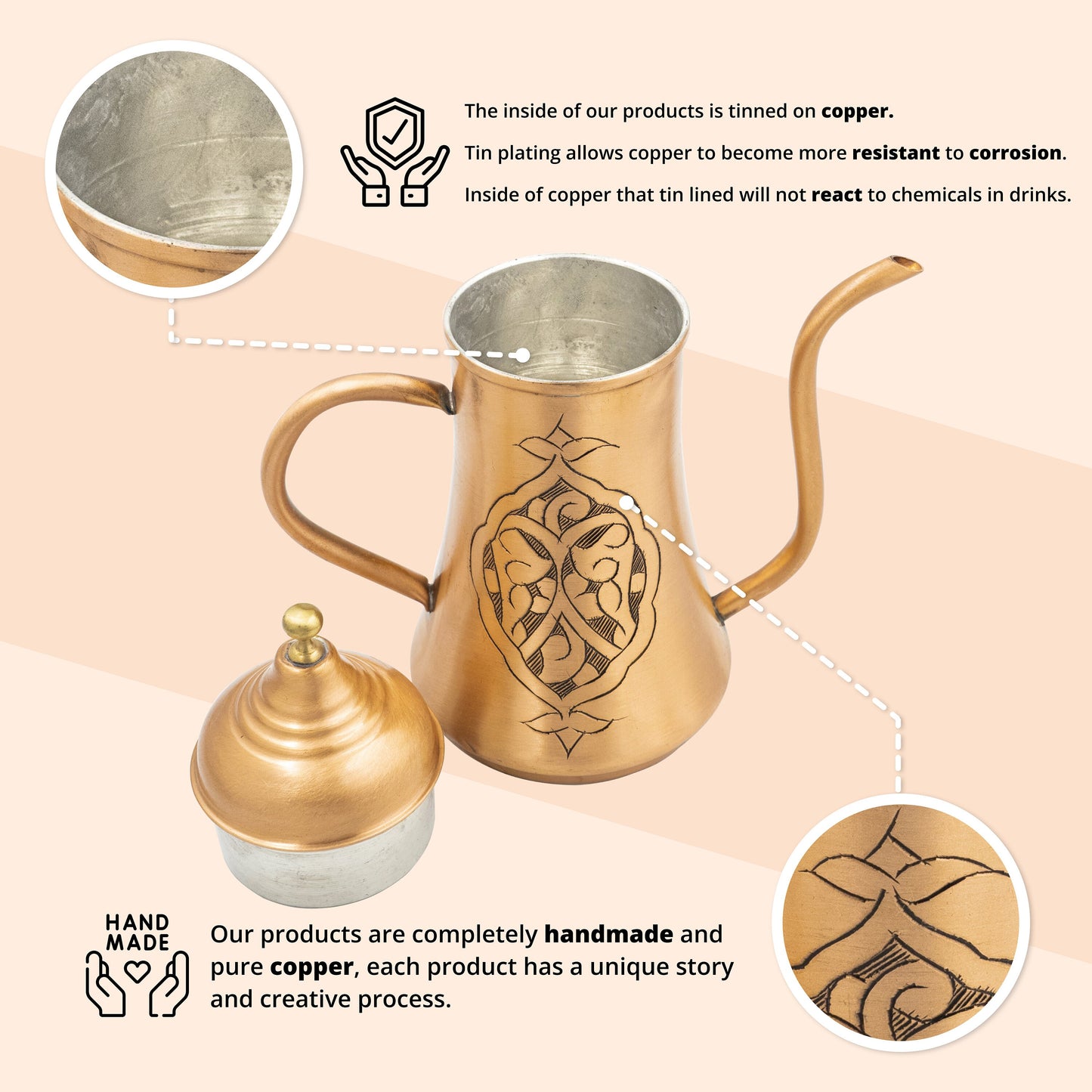 Handmade Engraved Copper Oil Dispenser, Matte Copper, 3 Size Options