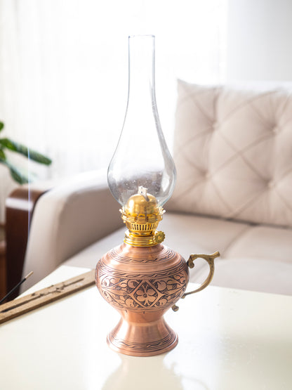 Handmade Engraved Copper Oil Lamp, Vintage Oil Lamp, Matte Copper