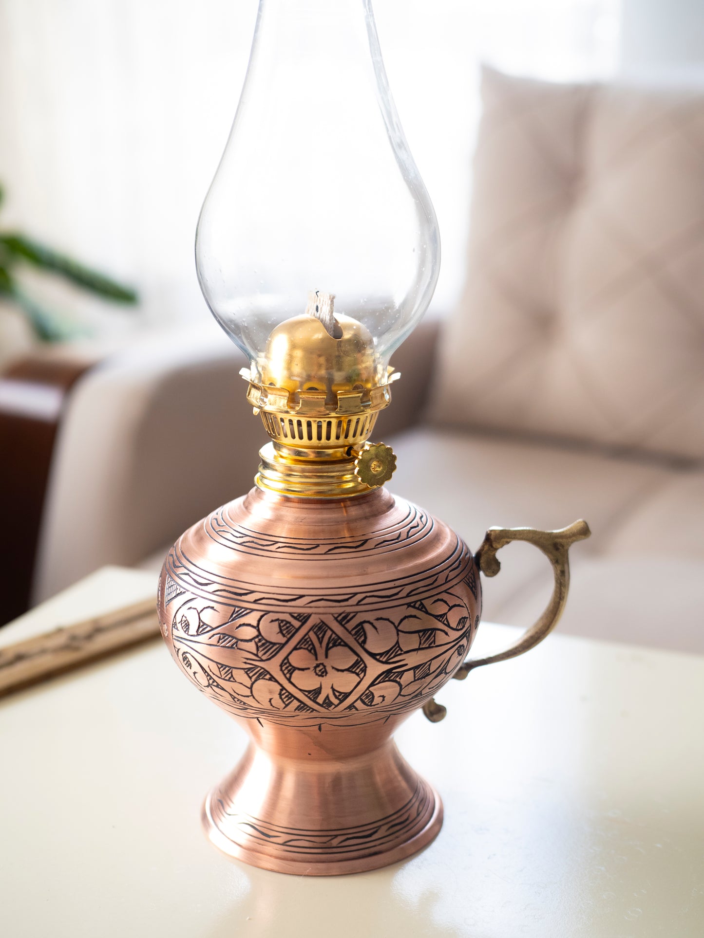 Handmade Engraved Copper Oil Lamp, Vintage Oil Lamp, Matte Copper