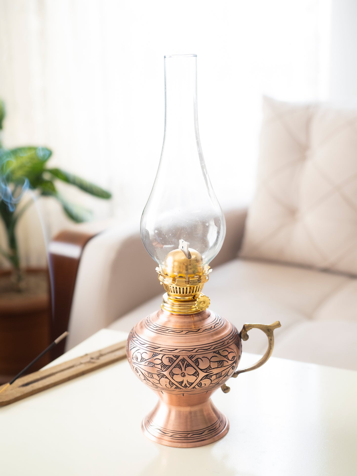 Handmade Engraved Copper Oil Lamp, Vintage Oil Lamp, Matte Copper