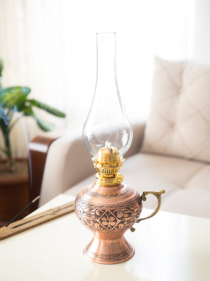 Handmade Engraved Copper Oil Lamp, Vintage Oil Lamp, Matte Copper
