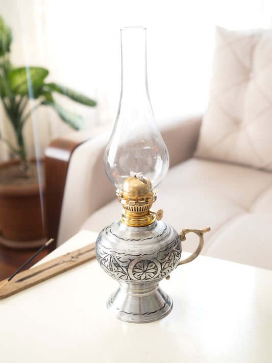 Handmade Engraved Copper Oil Lamp, Vintage Oil Lamp, Silver Color