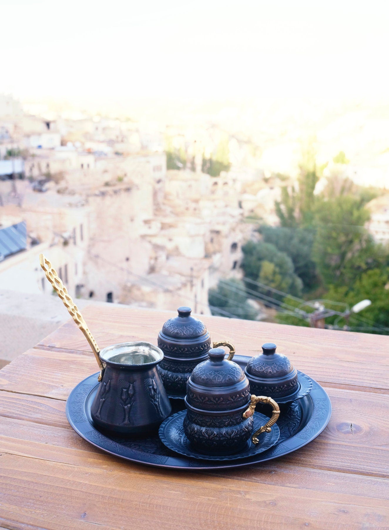 Vintage Style Copper Turkish Coffee Set For 2 Person