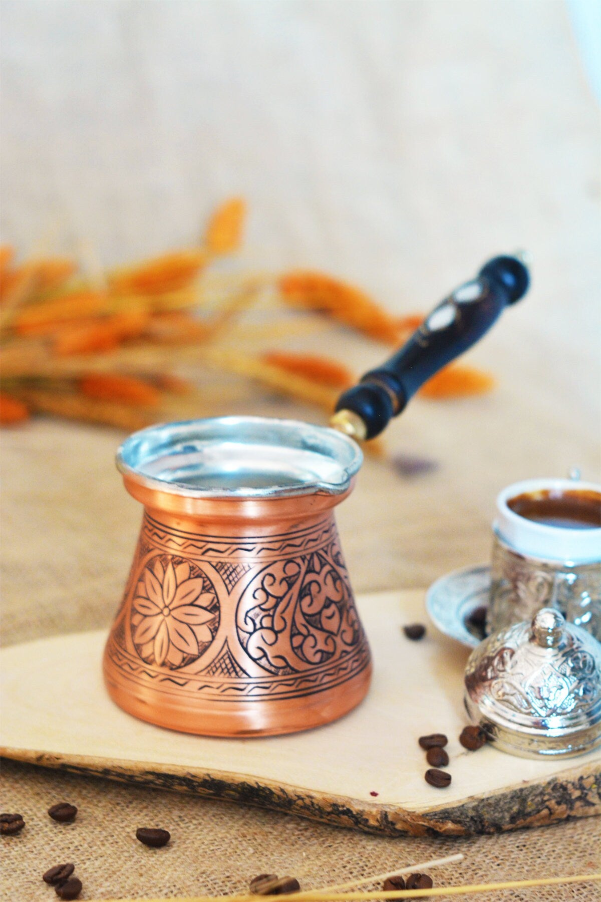 Copper Coffee Pot, Turkish Coffee Pot, Handmade Copper Coffee Pot Set, Turkish Coffee Pot Set, Vintage Coffee Pot Set