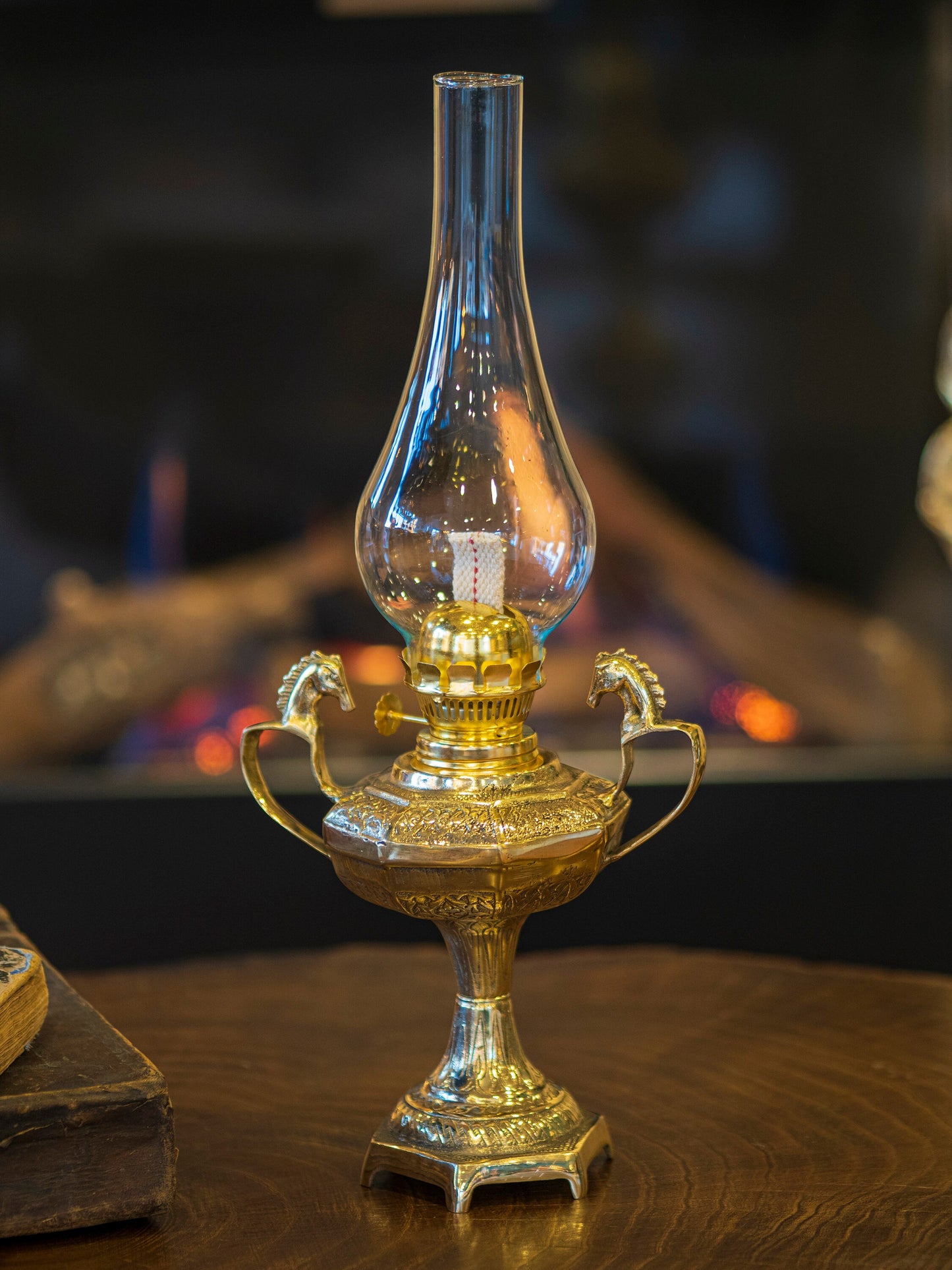 Decorative Horse Detailed Brass Oil Lamp Vintage Style 