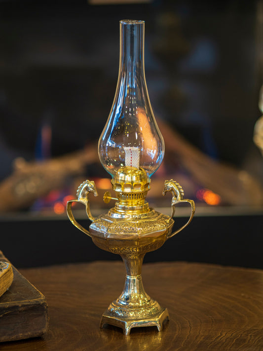 Decorative Horse Detailed Brass Oil Lamp Vintage Style 