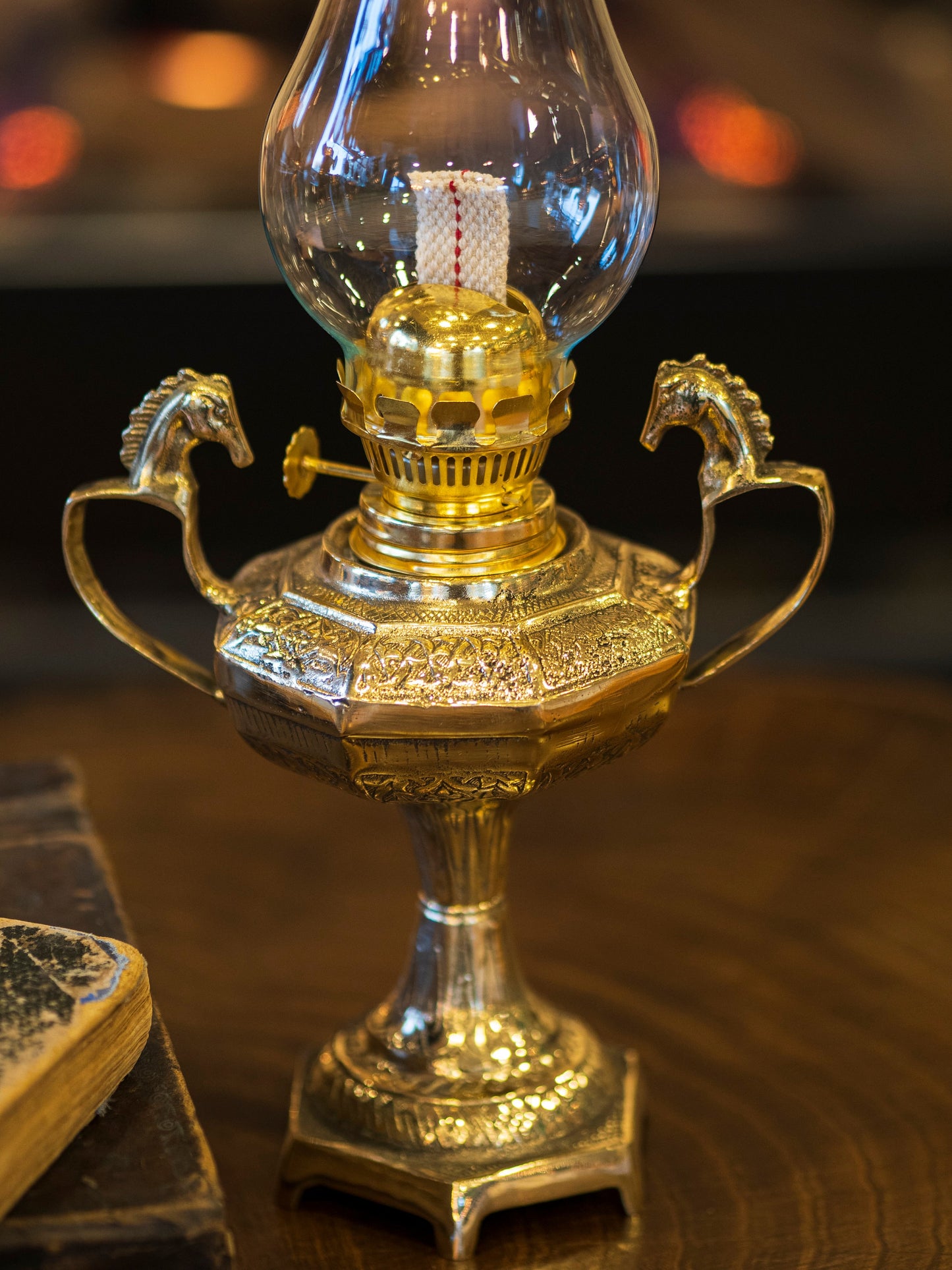Decorative Horse Detailed Brass Oil Lamp Vintage Style 