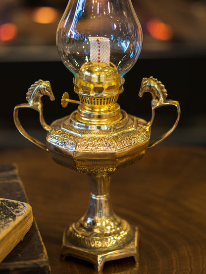 Decorative Horse Detailed Brass Oil Lamp Vintage Style 