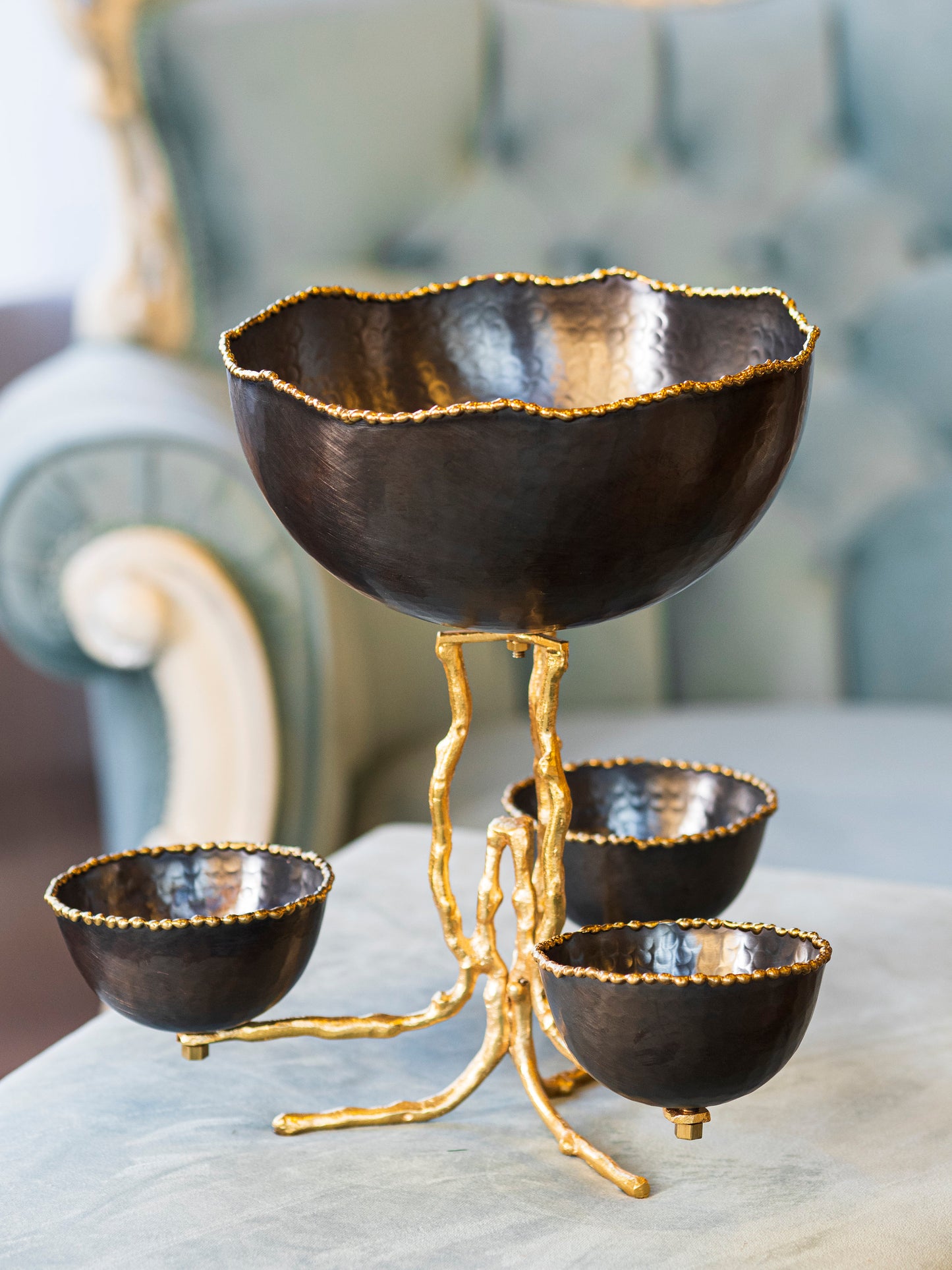 Oxidised Copper Bowl with Gold Branch Details