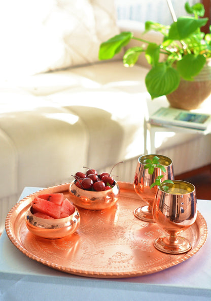 Handmade Engraved Copper Serving Tray, Round Tray, 2 Color Options