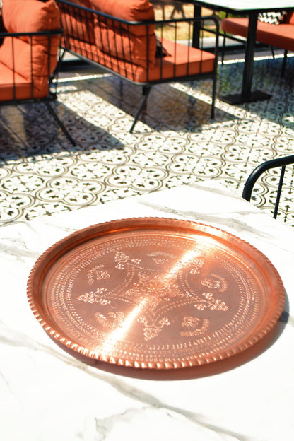 Handmade Engraved Copper Serving Tray, Round Tray, 2 Color Options