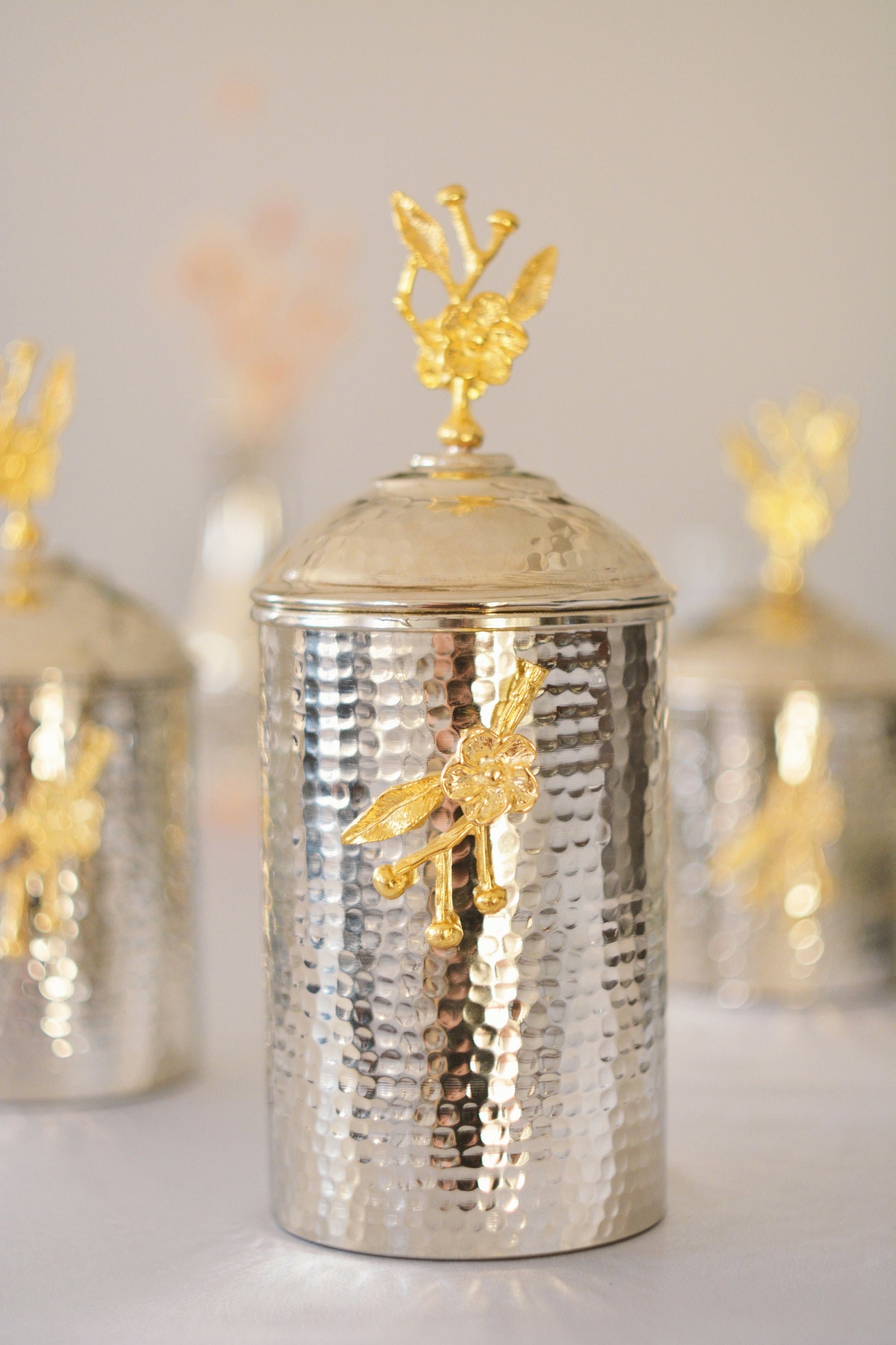 Handmade Copper Canister set of 3 with Flower Details, Copper Storage Box, Kitchen Decoration