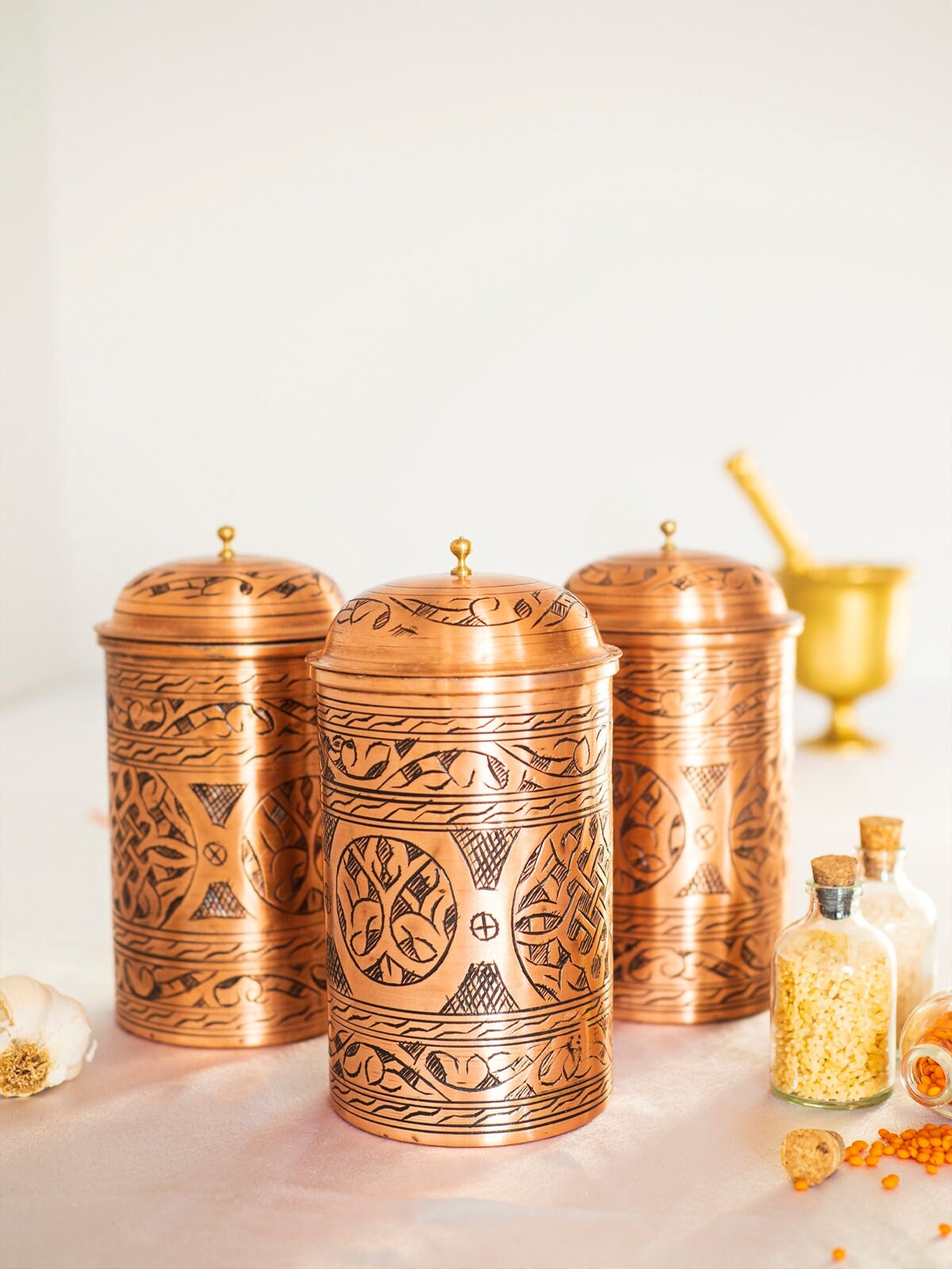 Handmade Engraved Copper Canister, Handmade Copper Jar Canister, Copper Storage Box, Kitchen Decorations