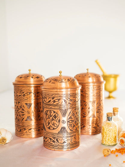 Handmade Engraved Copper Canister, Handmade Copper Jar Canister, Copper Storage Box, Kitchen Decorations