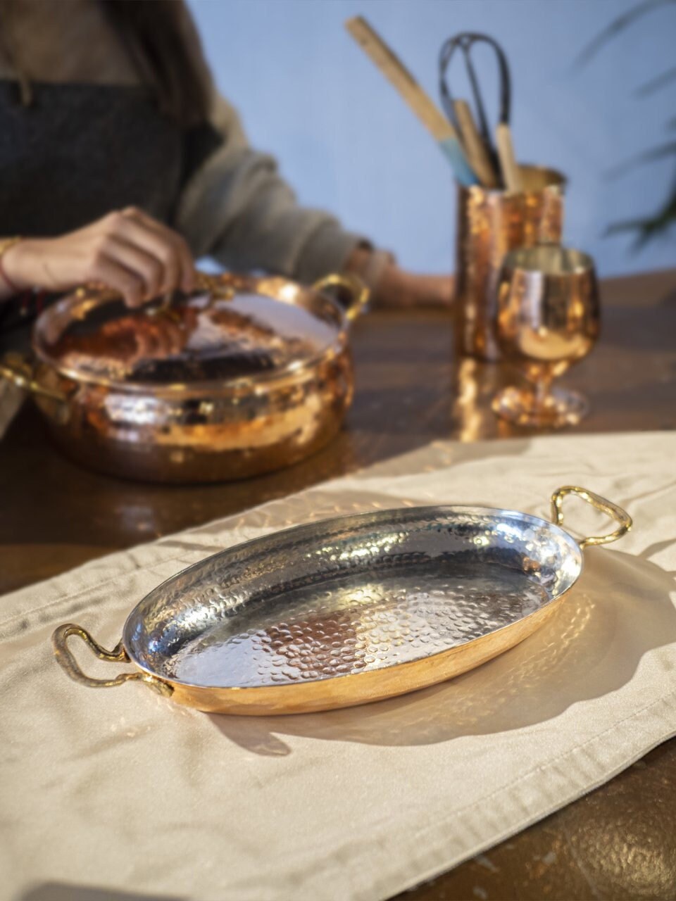 Handmade Copper Oven Pan / Tray with Two-Handle, Baking Pan