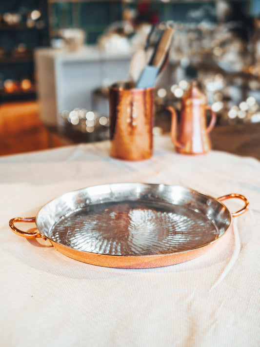 Handmade Copper Round Oven Pan, Handcrafted Copper Pan with Double Handles, Even Heating and Easy Cooking